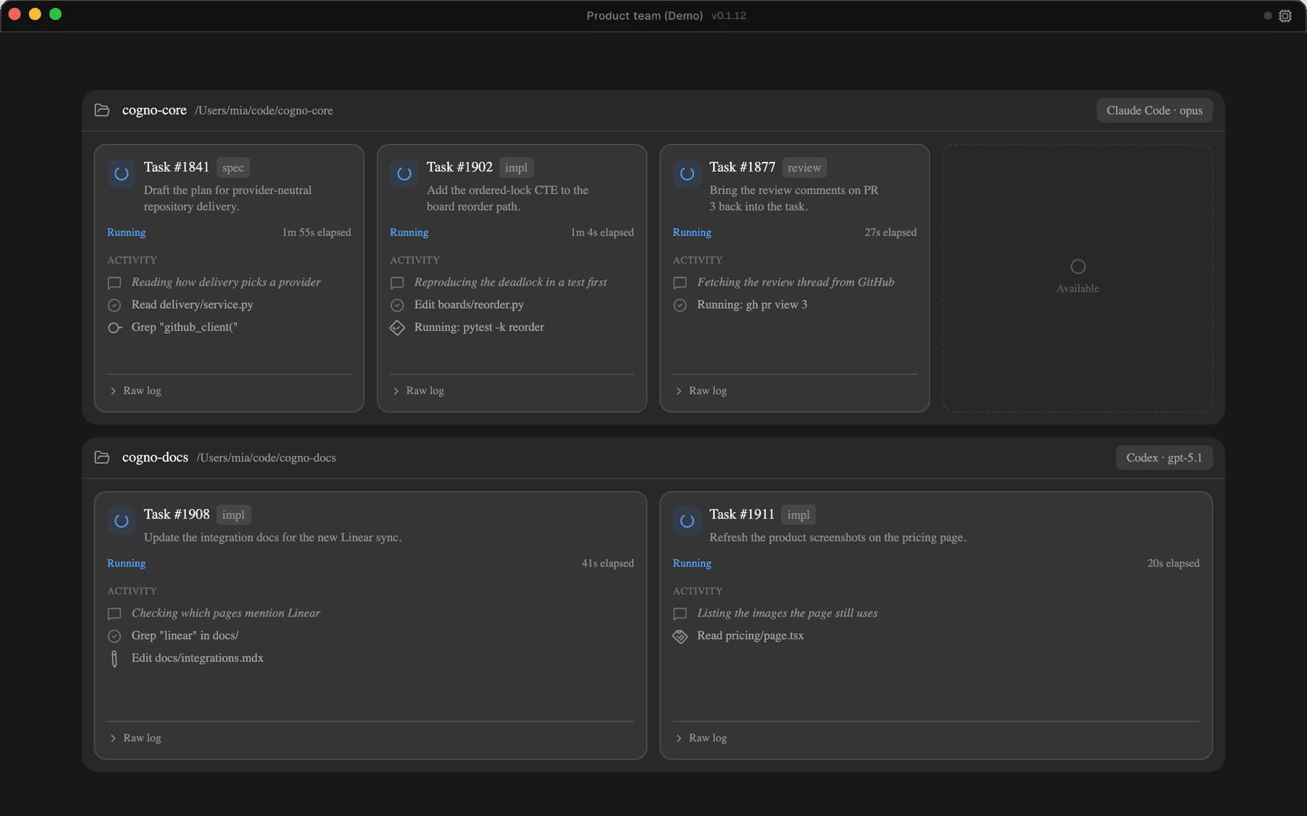 Cogno desktop workers running local coding agents on engineering tasks