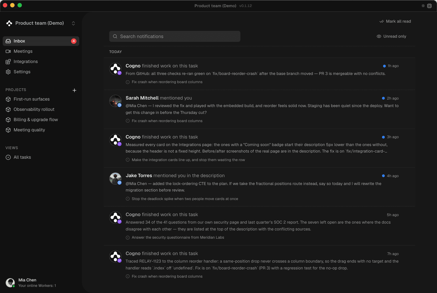 Cogno Inbox showing task mentions, replies, and agent work updates