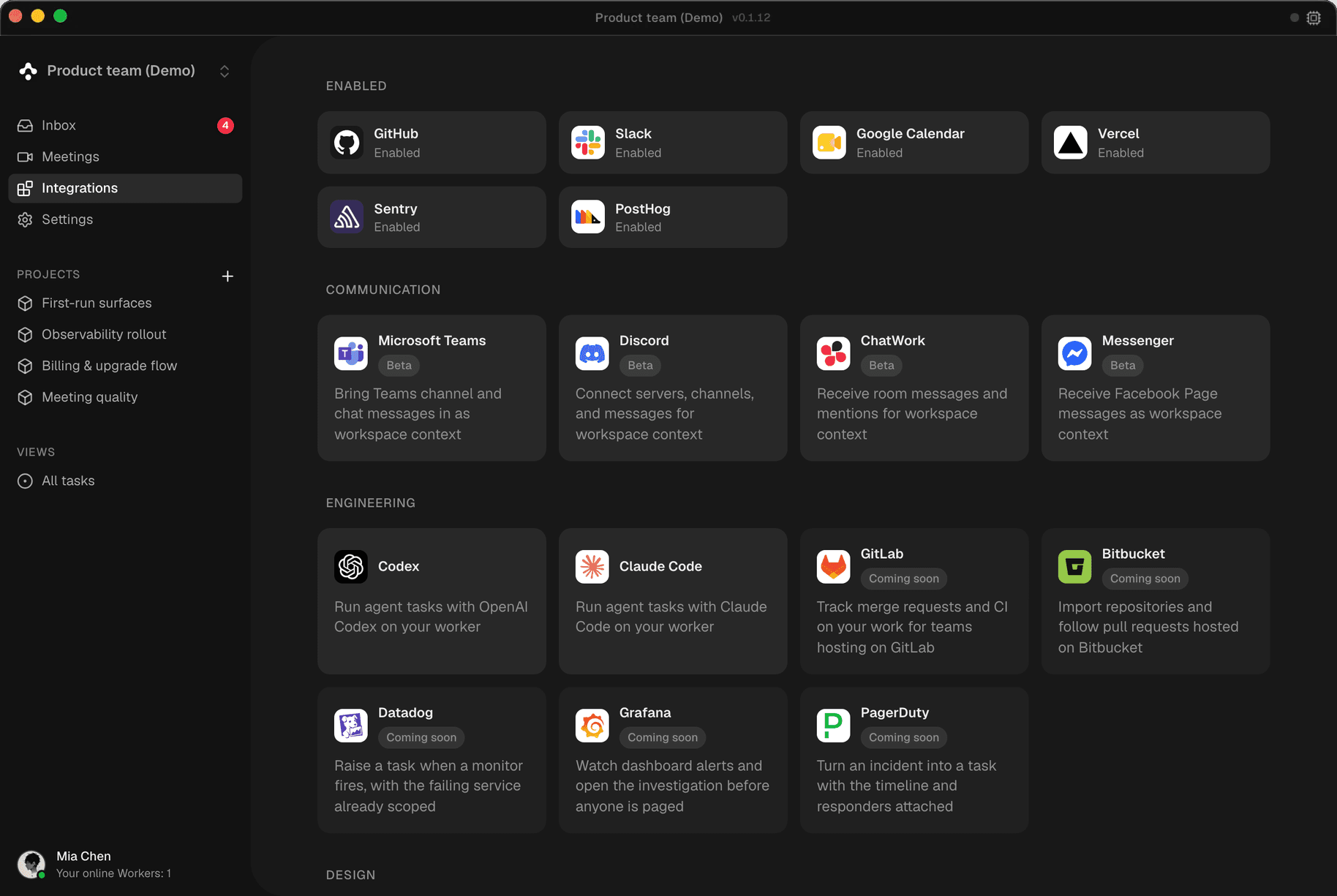 The Cogno Integrations screen — GitHub, Slack, Google Calendar, Sentry and more, one click to connect