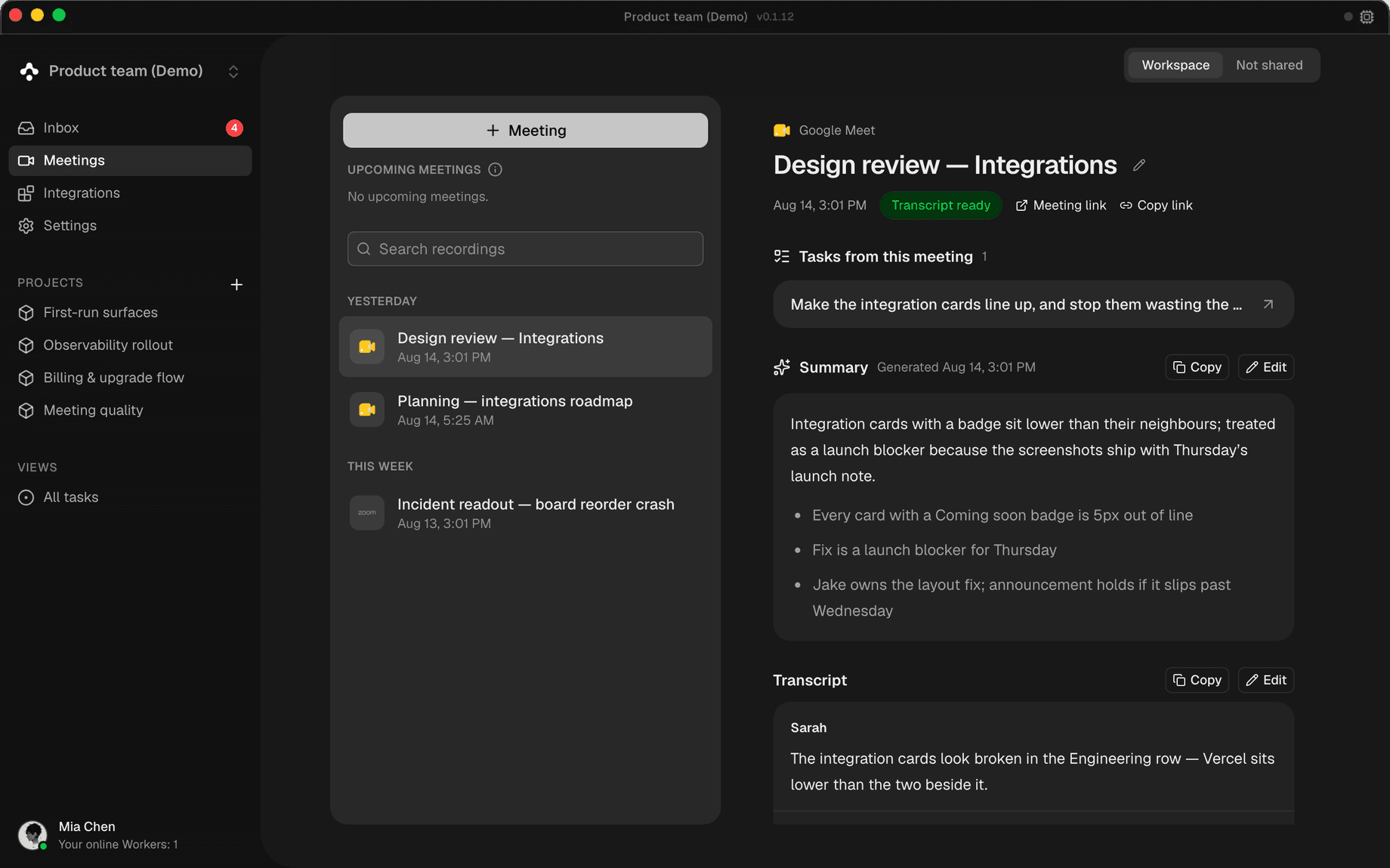 Cogno Meetings showing a generated summary, decisions, and follow-up tasks