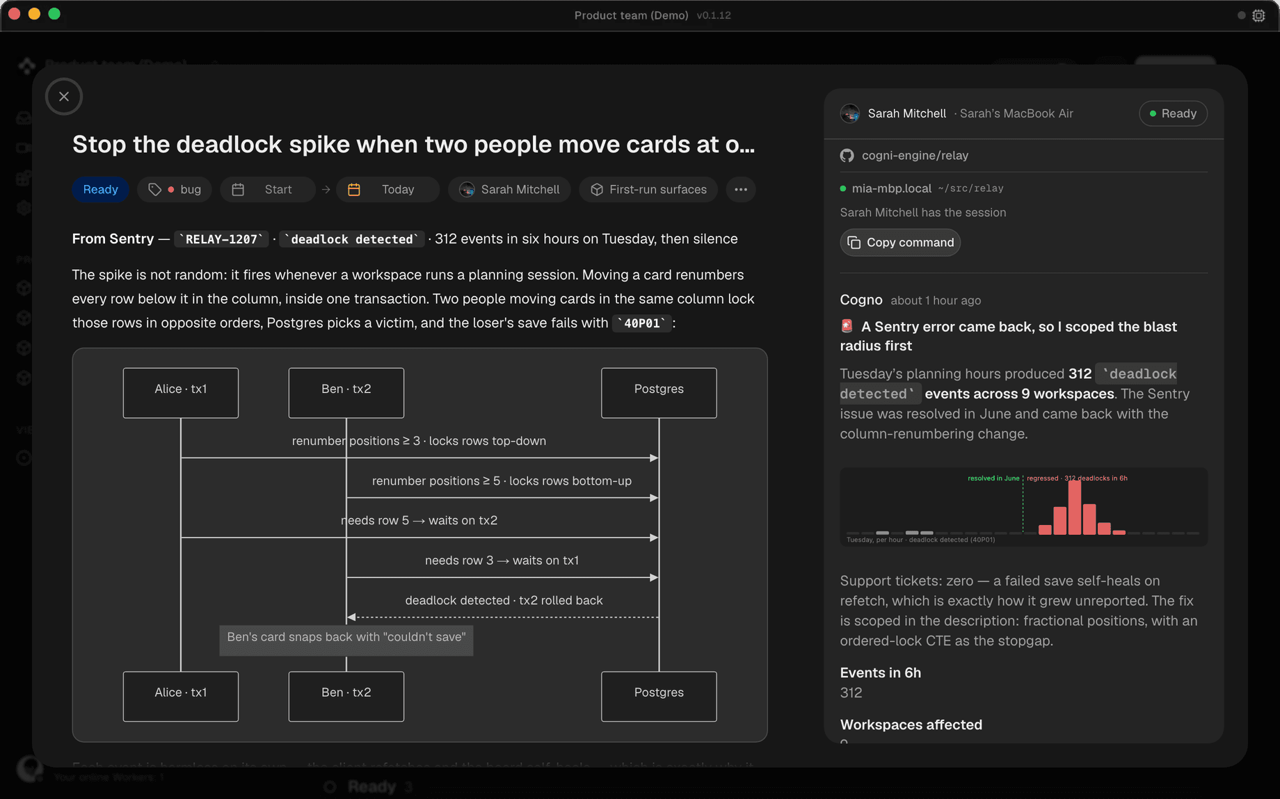 A Cogno task where the AI scoped a Sentry regression, with a Claude Code session ready to resume