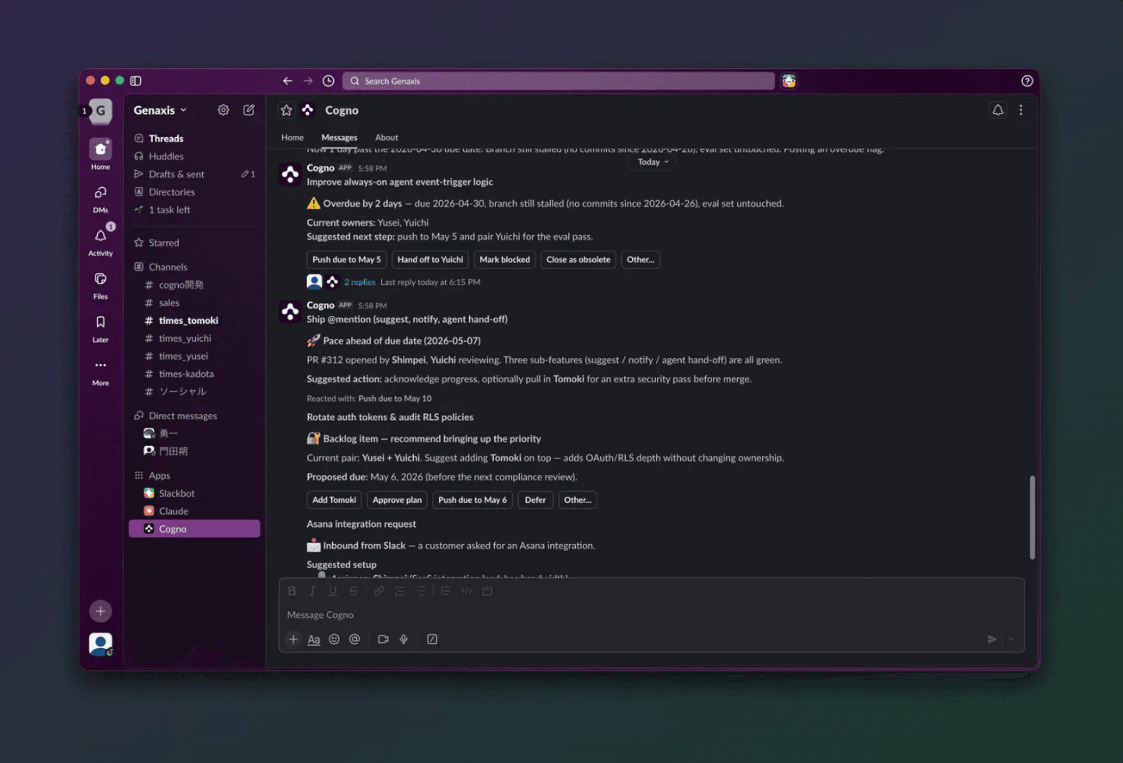 Cogno posting proposals with one-click action buttons inside a real Slack workspace