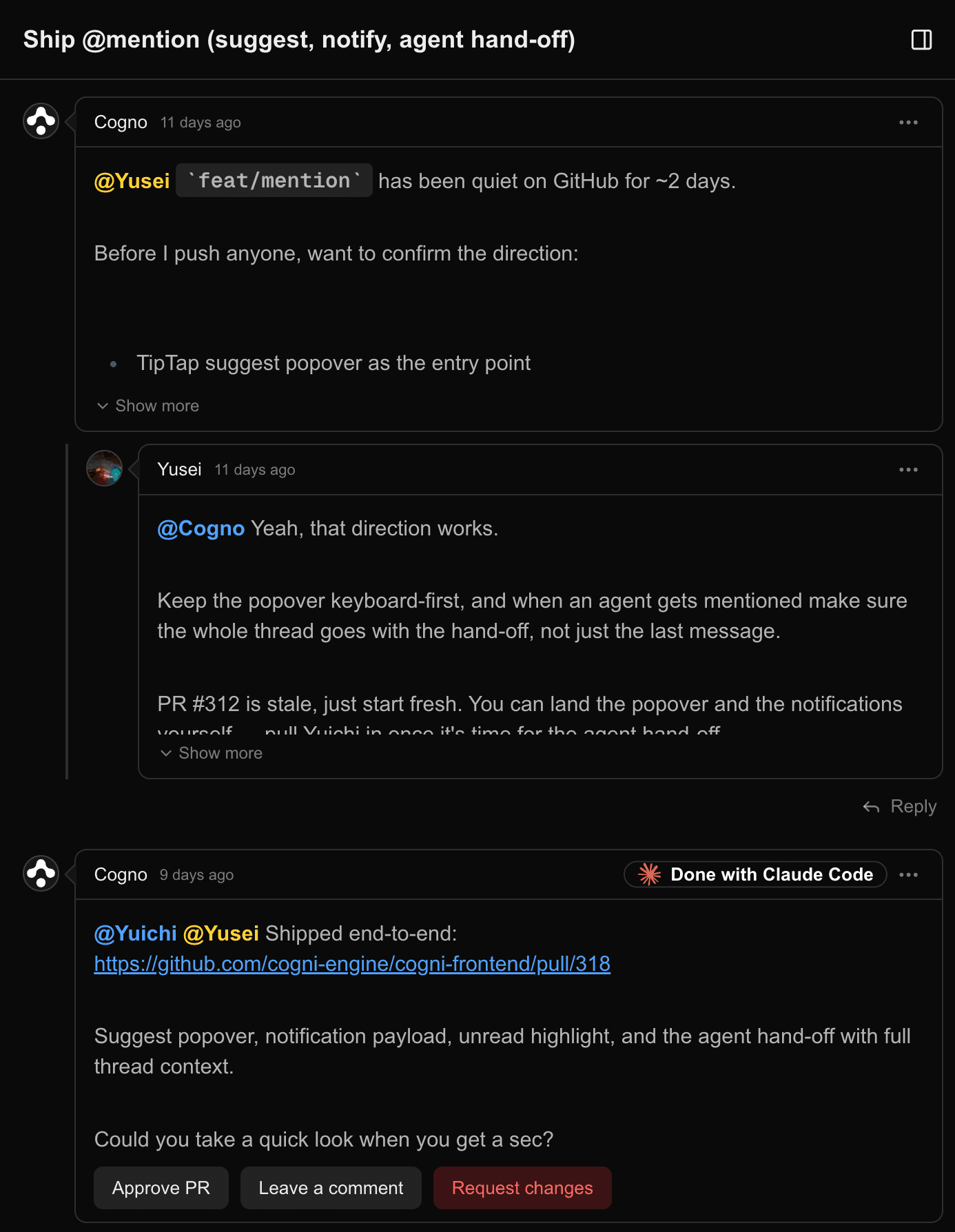 Cogno coordinating a hand-off to an AI coding agent, with a pull request link and review buttons