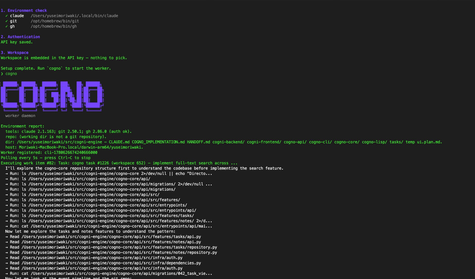 The Cogno CLI worker daemon running in a terminal, driving a local coding agent