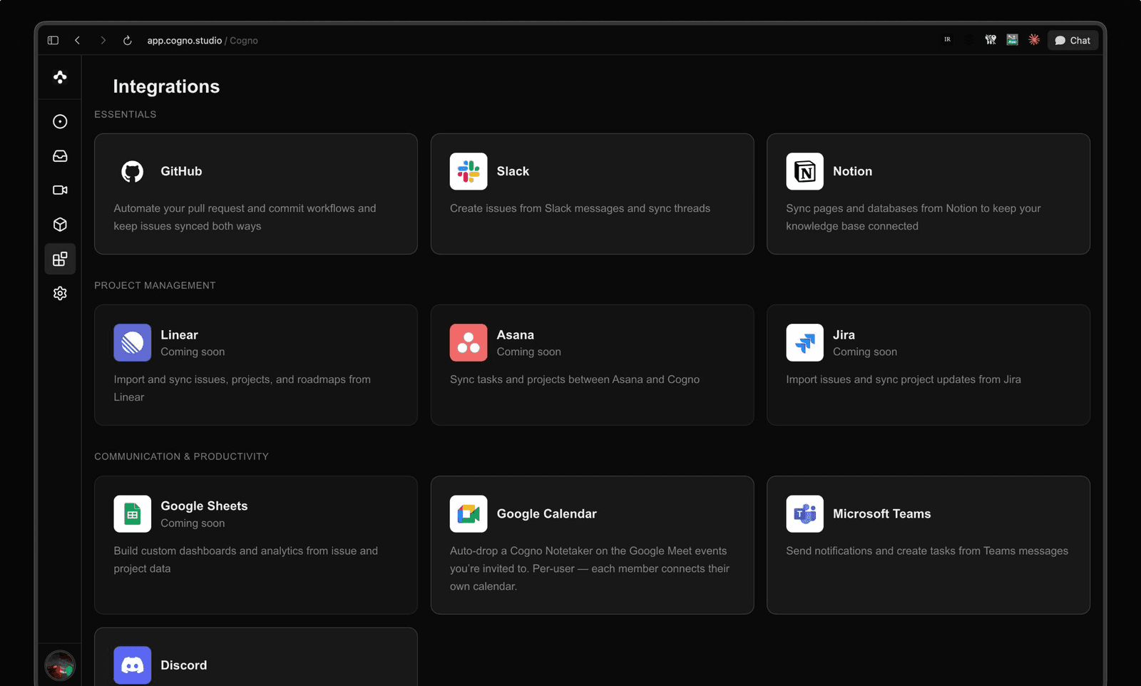 The Cogno Integrations screen β GitHub, Slack, Notion, Teams and more, one click to connect