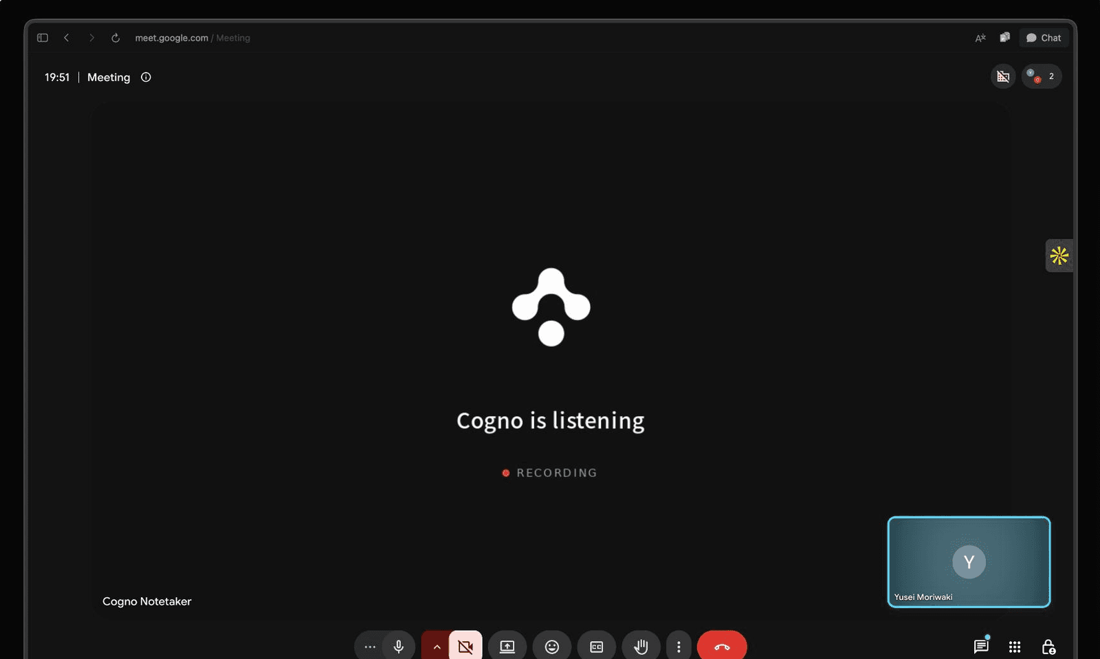 Cogno Notetaker sitting in a live Google Meet call, recording β βCogno is listeningβ