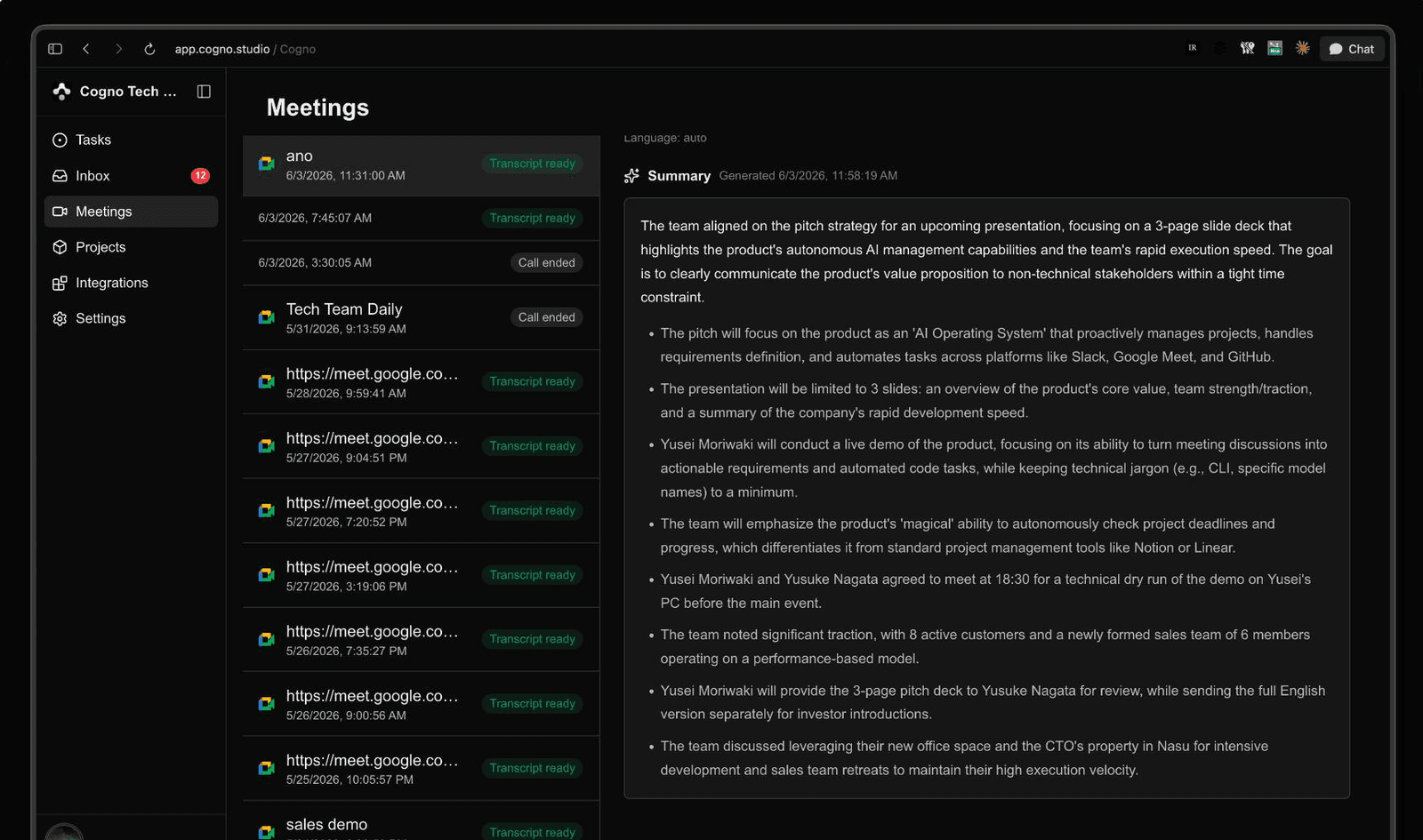 Cogno Meetings list with a generated summary, decisions, and follow-up tasks