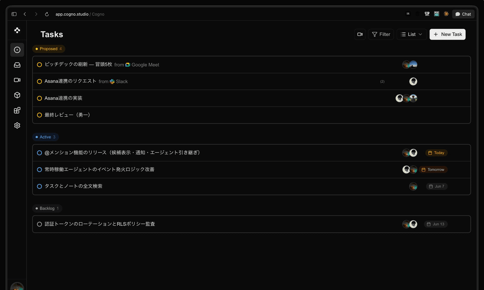 The Cogno Tasks overview β proposed, active and backlog tasks with owners and due dates